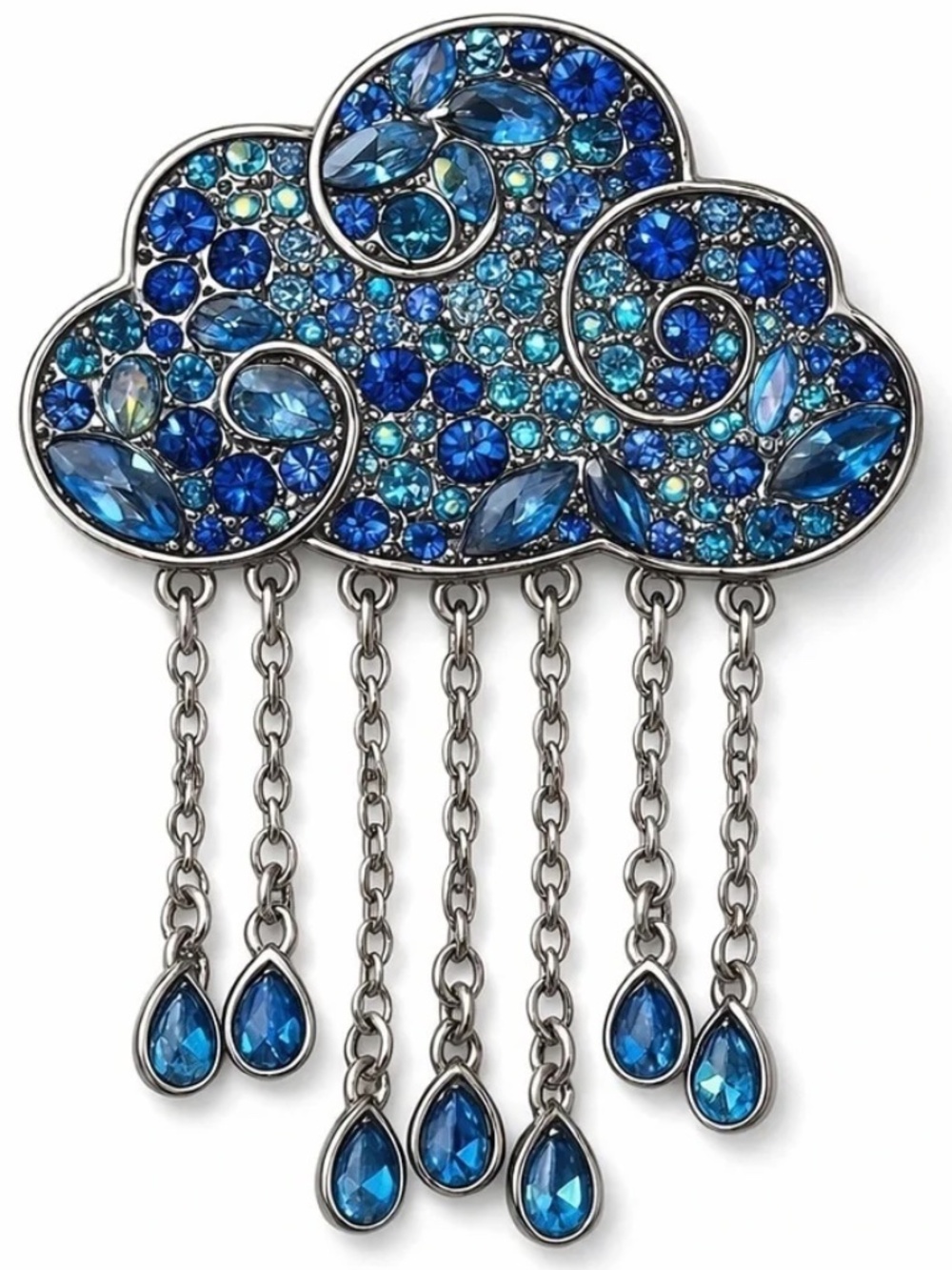Sparkling Blue Rhinestone Rain Cloud Brooch Pin Whimsical Silver Tone Dangle